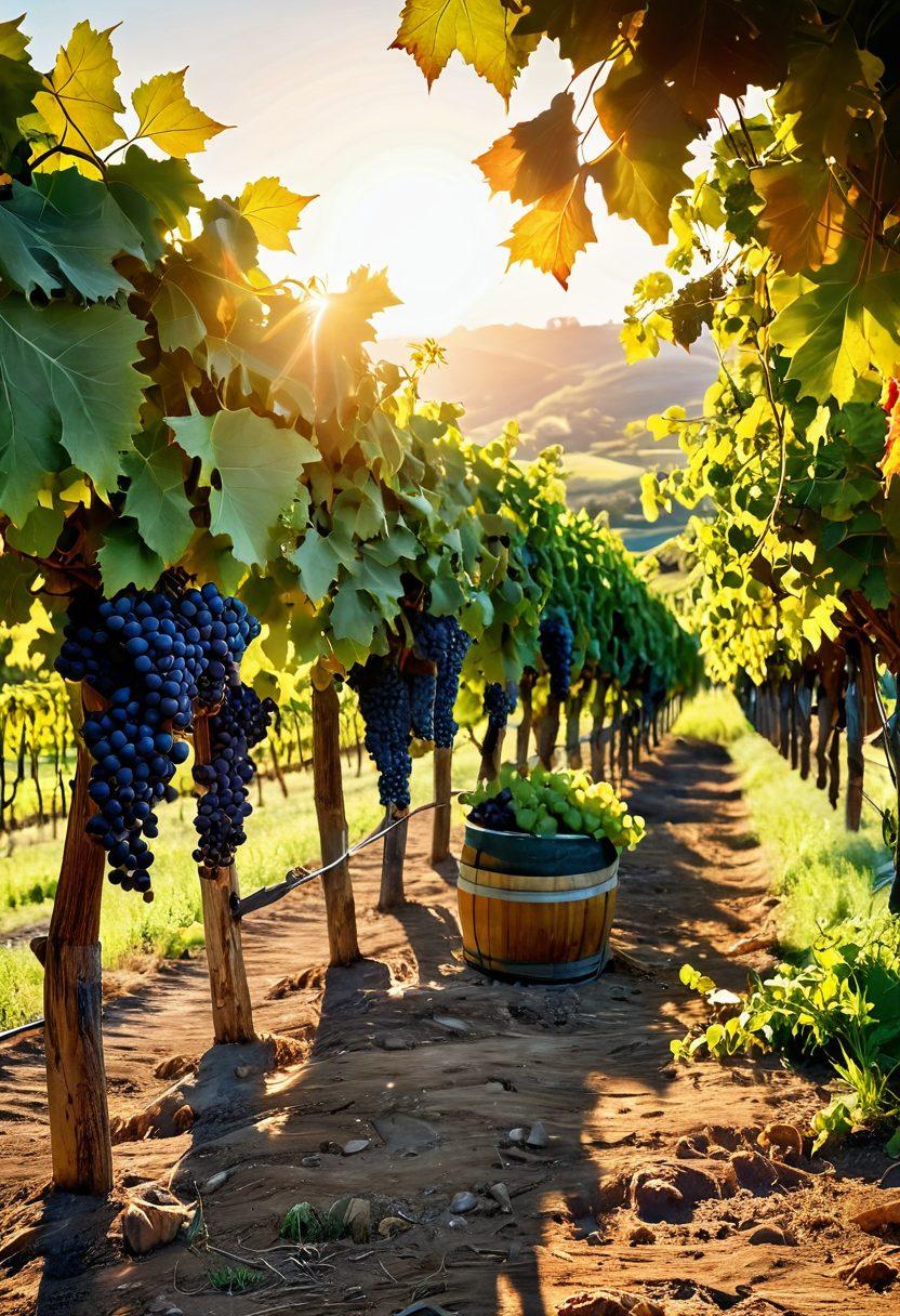 A picturesque vineyard at sunset showcasing rows of lush green Vinifera grapevines laden with ripe grapes. A skilled winemaker gently inspecting the grapes, surrounded by barrels of wine and an assortment of winemaking tools. Sunlight filtering through the grape leaves, casting a warm golden glow, evoking a sense of joy and craftsmanship. Elements of nature, such as butterflies and birds, add liveliness to the scene. impressionist style. vibrant colors.
