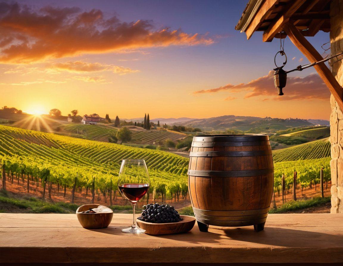A picturesque vineyard under a golden sunset, showcasing meticulous wine barrels and artisan tools scattered throughout, symbolizing craftsmanship. In the foreground, a glass of rich red wine reflects the hues of the sky, while a skilled winemaker gracefully pours wine from a wooden barrel. The vibe is warm and inviting, capturing both tradition and innovation. vibrant colors. super-realistic. dusk setting.