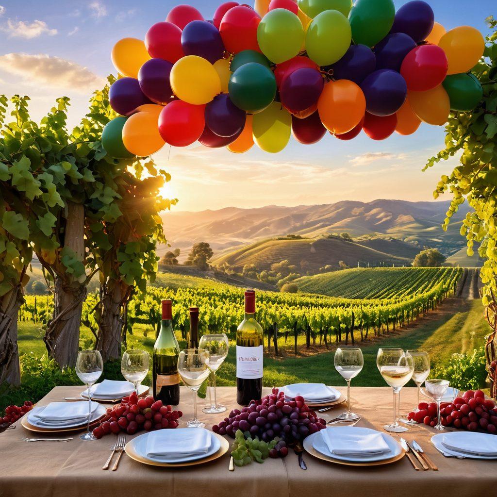 A whimsical vineyard scene showcasing lush Vinifera grapevines intertwined with festive decorations, like colorful balloons and twinkling lights. In the foreground, a beautifully arranged table with wine glasses filled with red and white wine, surrounded by cheerful friends raising their glasses in a toast. A vibrant sunset casts a golden glow over the celebration, with hints of grape clusters hanging prominently from the vines. super-realistic. vibrant colors. picturesque background.